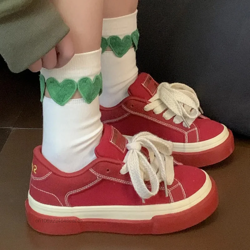 New Red Canvas Shoes Vintage Fashion Women's Sport Shoes Y2k Summer Versatile Sneakers Popular Casual Board Shoes Lace-up Shoes