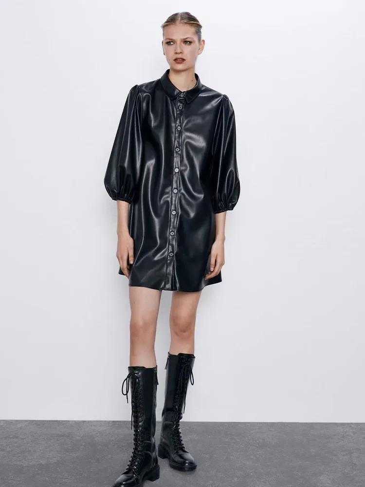 

Новинка лета 2023, модное элегантное тонкое черное платье-мини из искусственной кожи с пышными рукавами, женское платье