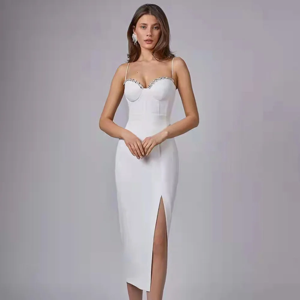 

2022 Spaghetti Strap Beading Dress Women Sexy Sleeveless Bodycon Bandages Clothes Club Celebrity Party Dress