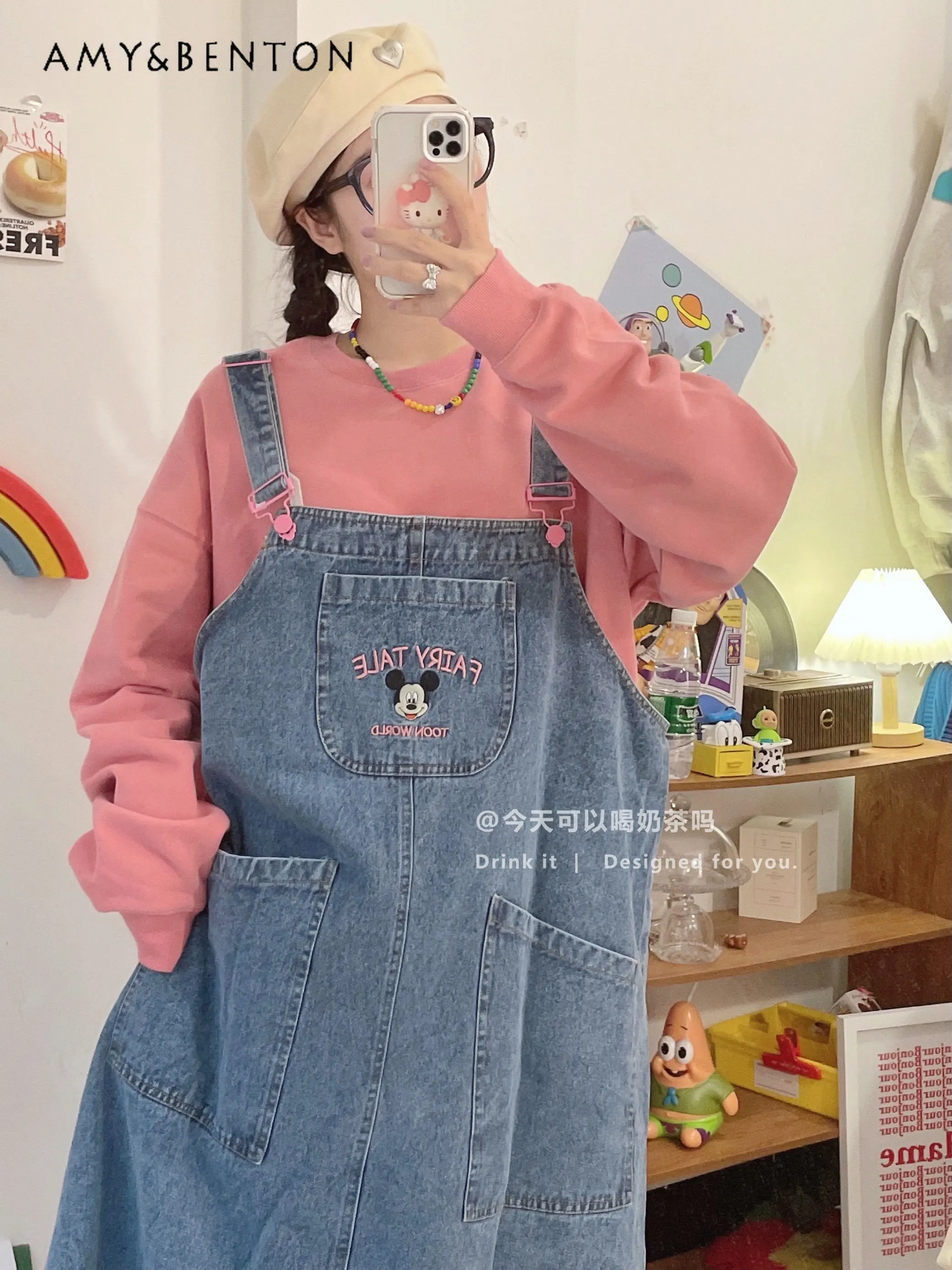 

Women's Cartoon Embroidered Loose Suspender Skirt All-Match Denim Skirt Large Size Dress for Laides Casual Denim Dress Female