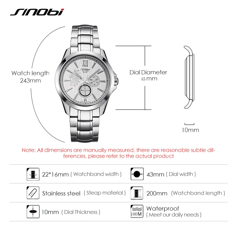 SINOBI Full 316L Stainless Steel Men's Watches Geneva Design 100 M Waterproof Mans Quartz Wristwatchs Calender Relogio Masculino images - 6
