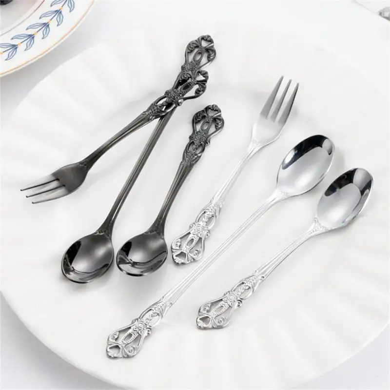 

Stainless Steel Snack Scoop Dinnerware Colorful Long Handle Tableware European-style Carved Dessert Cake Fruit Spoons Teaspoon