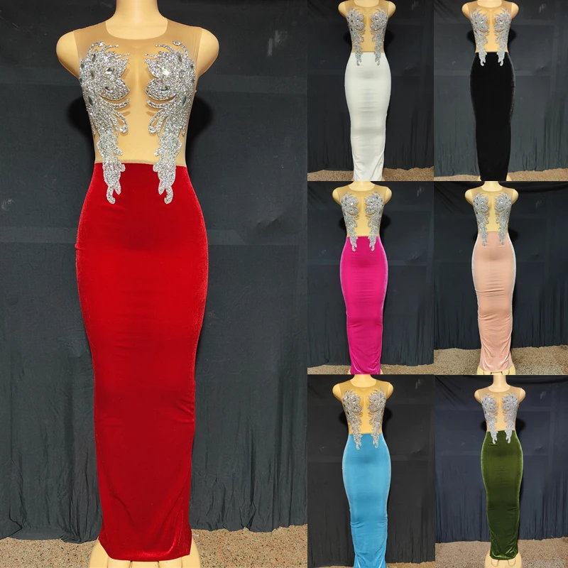 

Блестящее платье стразы 7 цветов, сетчатые вельветовые вечерние платья для выпускного вечера, женские праздничные костюмы на день рождения, сценический костюм XS5718