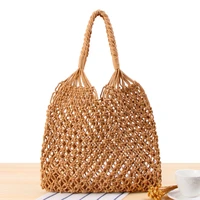new solid color woven shoulder bag female hand made cotton rope mesh round beach bag fashion bucket totes bags for women