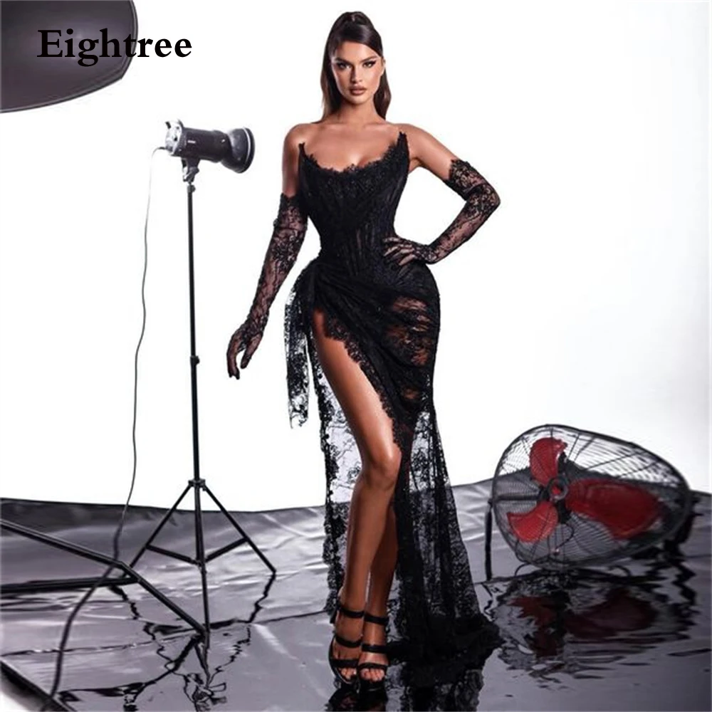 

Eightree Sexy Black Evening Dresses Abendkleider Dubai Lace Appliques Mermaid Pleat Leg Slit Party Dresse Robes De Soiré 2022