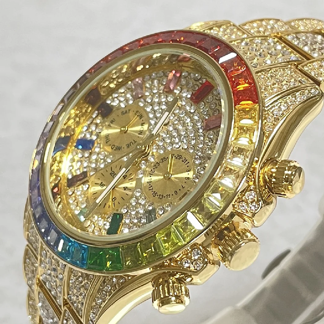 

2022 Luxury Brand MISSFOX Gold Hip Hop Watches Men Fashion Rainbow Diamond Waterproof Smart Watch Full Steel Sports Clocks Male