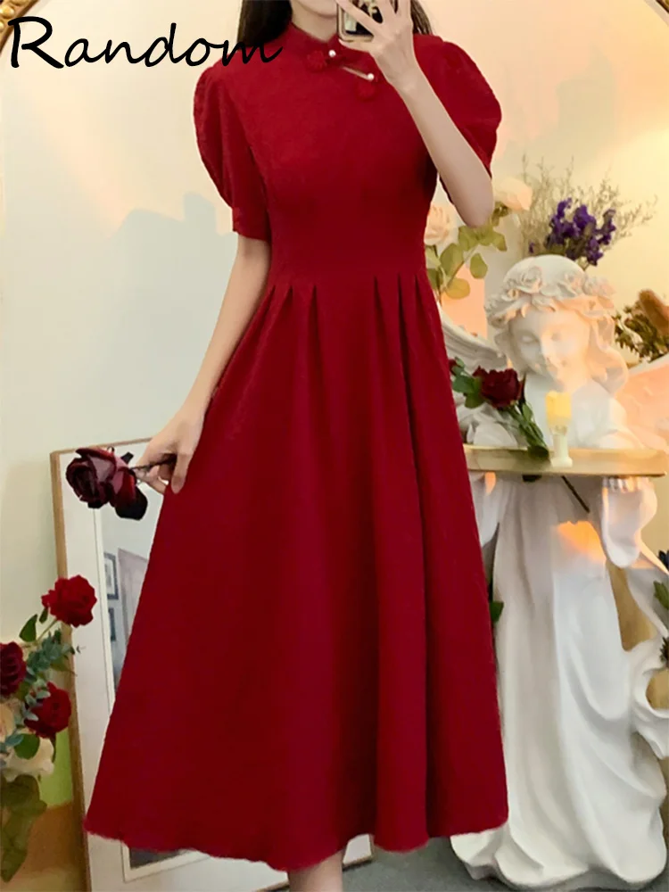

Жаккардовое красное платье в китайском стиле Wonem, платья с воротником-стойкой и высокой талией для праздников и вечерние, летняя женская одежда, чонсам