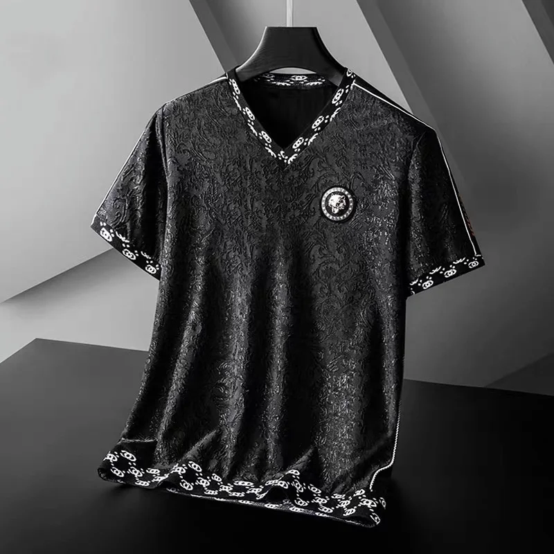 

Футболка мужская с V-образным вырезом, жаккардовая тенниска с короткими рукавами, модный Свободный Повседневный Топ с вышивкой, лето