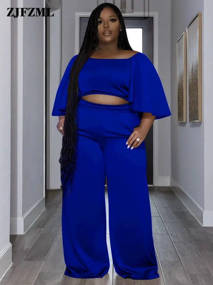 

ZJFZML ZZ Plus Size Women's Clothing Women's Sets 2 Piece Pant Suits O-neck Butterfly Sleeve Crop Top And Wide Leg Long Trousers