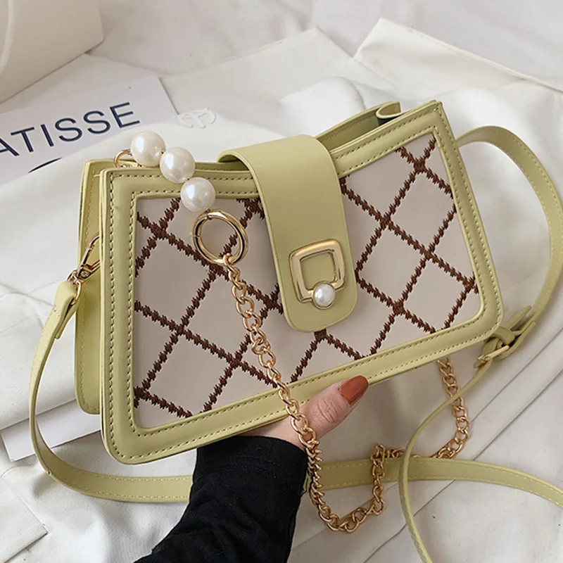 

Korean Women Pearl Chain Armpit Bag PU Leather Messenger Bag 2022 Elegant Yellow Shoulder Bags Crossbody bags Female Handbags