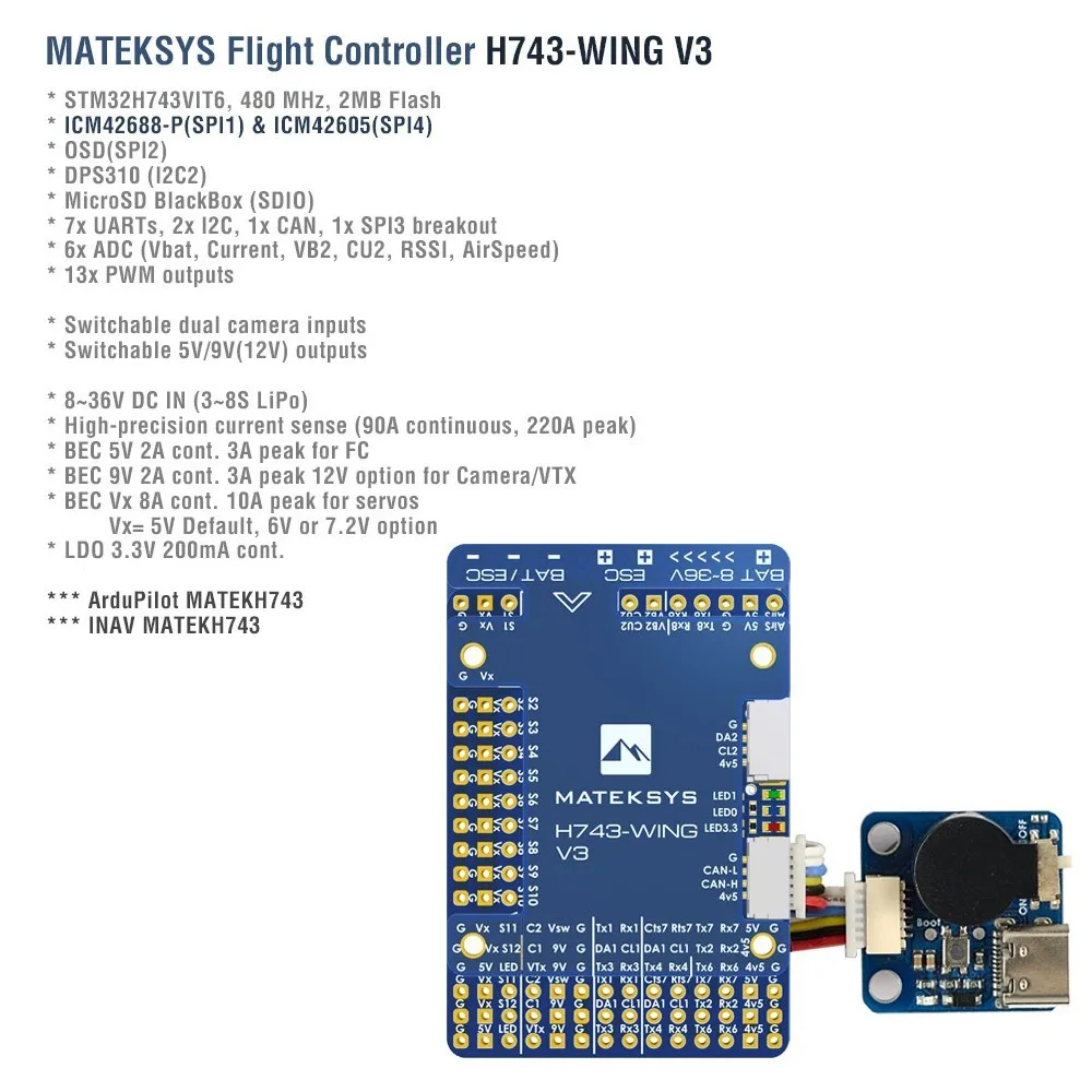 30.5X30.5mm MATEK H743-WING V3 ArduPilot INAV 3-8S H743 Контроллер полета для радиоуправляемых