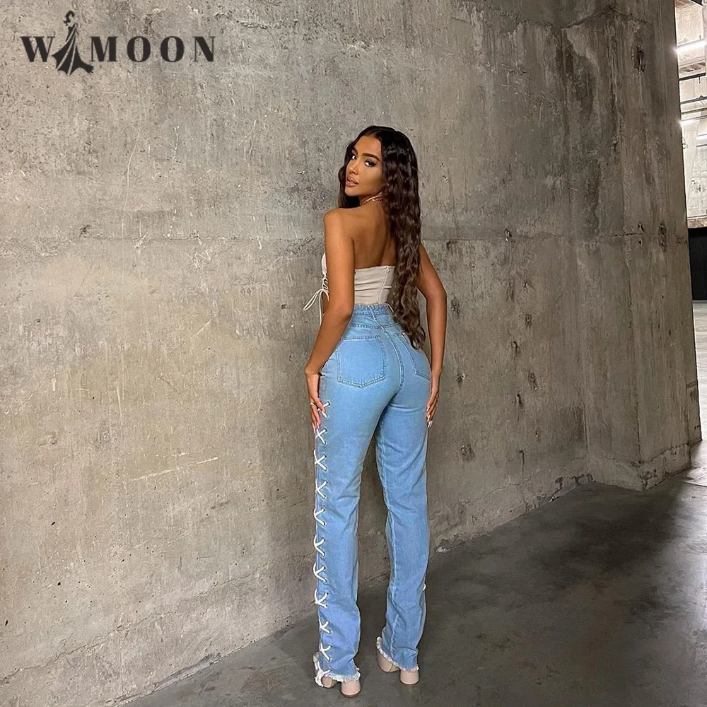 

High Waist Washed Blue Jeans for Women 2022 Summer New Sexy Lace Up Straight High Street Club Party Casual Cross Bandage Jeans