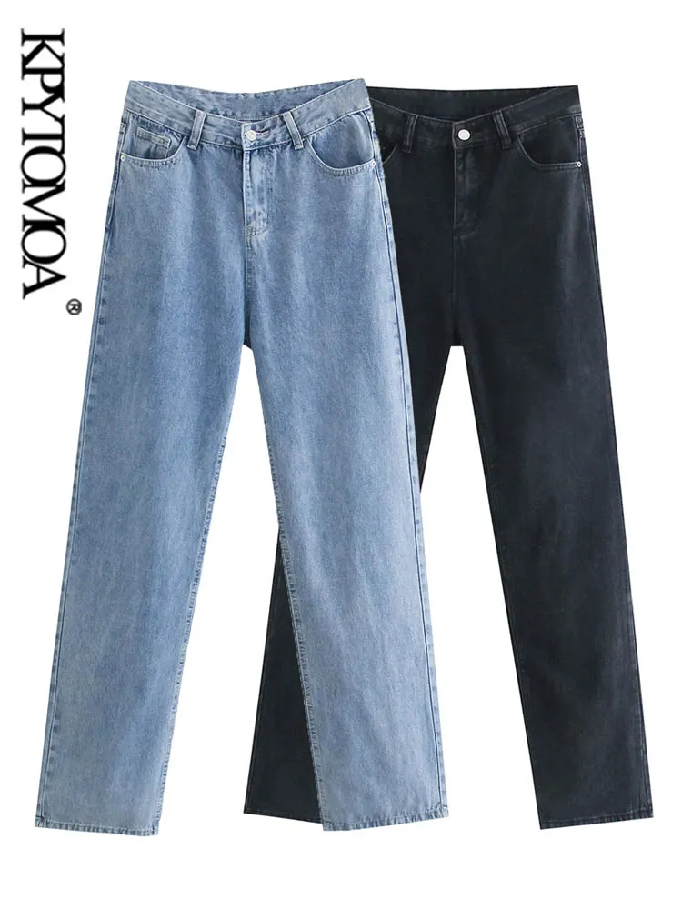 

KPYTOMOA Women Fashion Front Pockets Basic Straight Denim Jeans Vintage High Waist Zipper Fly Female Trousers Mujer