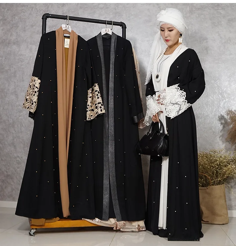 Wepbel Muslim Women's Dress Abaya Islamic Clothing Ramadan Wear Cuff Golden Lace Stitching Black Inlaid Pearl Outer Wear Kimono