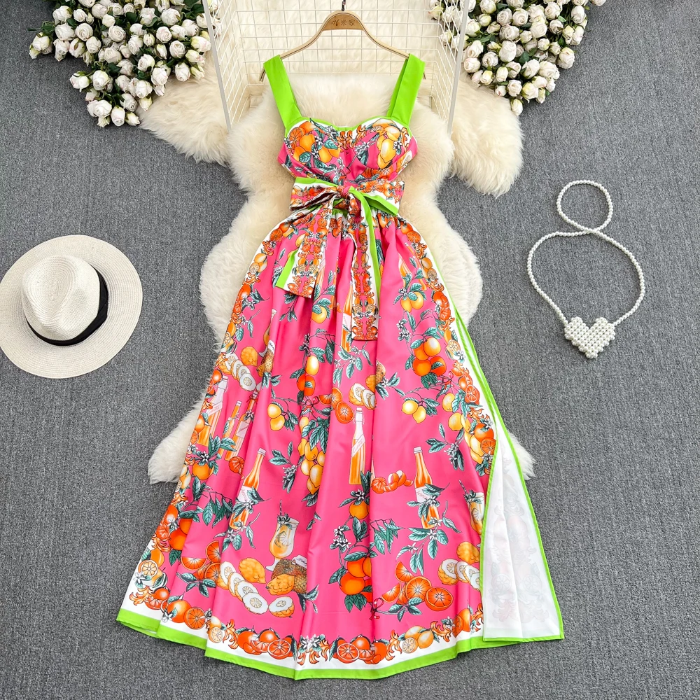 

Europe and the United States Positioning Printed Breast Pad High-grade Temperament High Waist Sleeveless Slit Dress