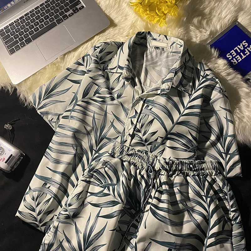 

Гавайская рубашка для мужчин, летняя мужская повседневная рубашка на пуговицах для отпуска, быстросохнущая блузка, шорты, костюм из двух пр...