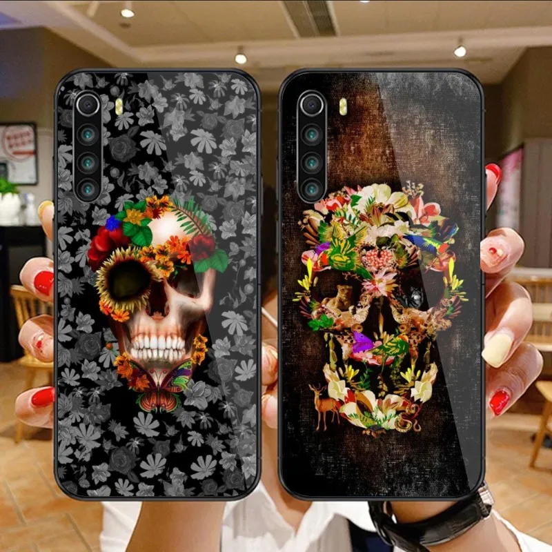 

Чехол для телефона с черепом для Xiaomi 13, 12, 11T, 10, 9, Redmi Note 11, 10, 10S Pro, Redmi 9, 9A, 8, черный стеклянный чехол для телефона из поликарбоната