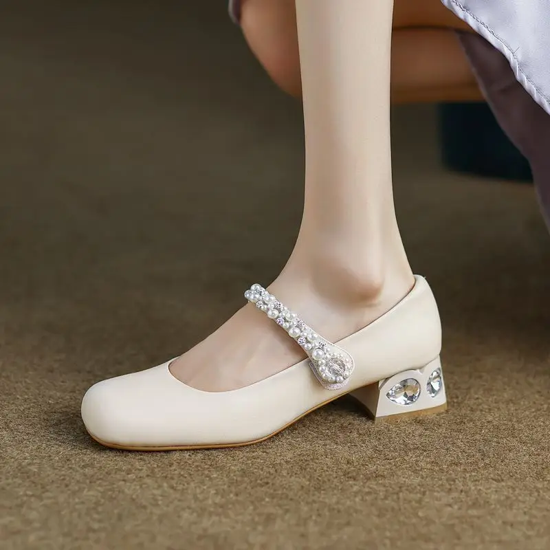 

ALLBITEFO Size 34-40 High Quality Genuine Leather High Heel Shoes Rhinestone Fashion Sweet Party Wedding Women Heels Shoes