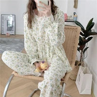 qweek cotton womens nightwear korean sleepwear floral print pajamas lace pijama 2 piece set pyjamas long sleeve suit homewear