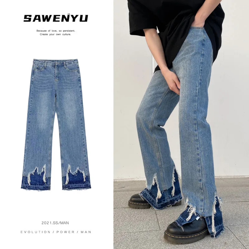 Синие джинсы, Мужские корейские повседневные джинсы, модные свободные прямые джинсы, Мужская Уличная одежда в стиле хип-хоп, джинсовые брюк...