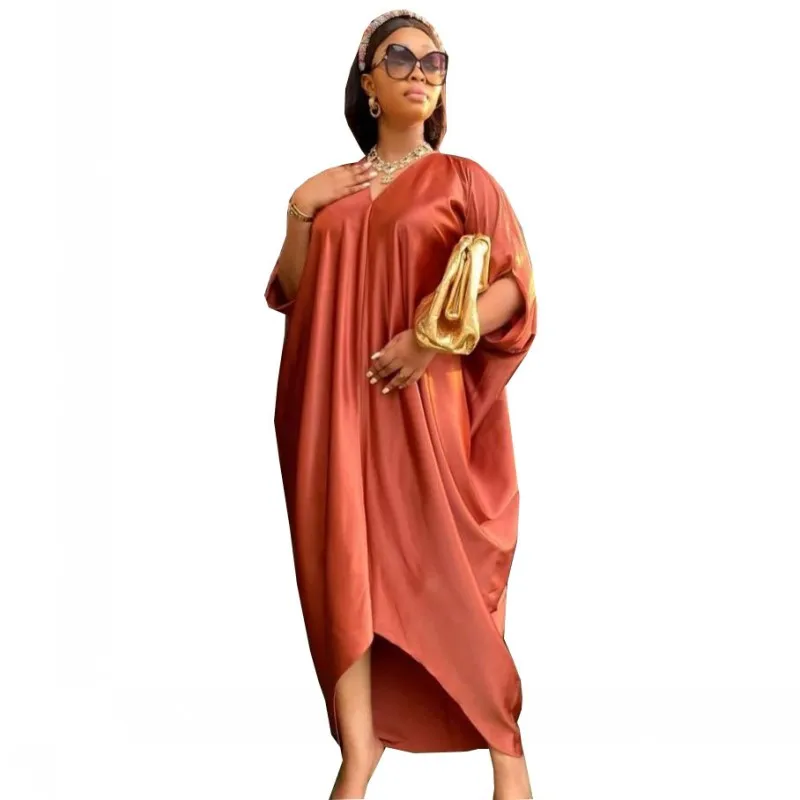 

African Dresses For Women Half Batwing Sleeve V Neck Loose Robes Summer Fashion Solid Shiny Streetwear African Maxi Dress Boubou