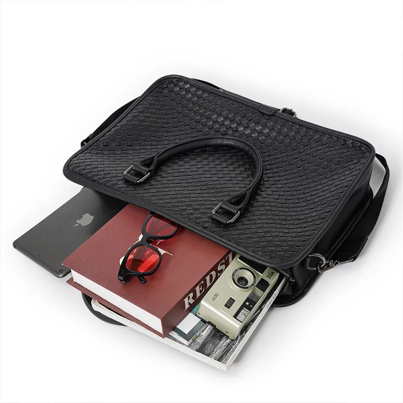 Luxury Woven Leather Men's Handbags Top-Handle Bags Fashion Business Men Tote Bag With Shoulder Strap Messenger Bags Briefcase
