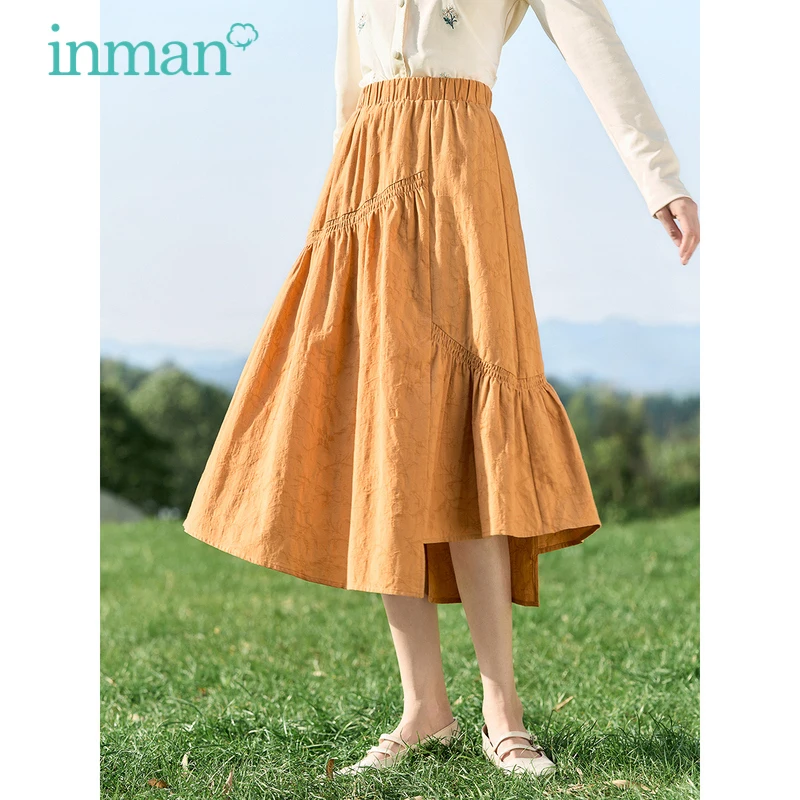 

INMAN женская юбка 2023 летняя эластичная талия а-образный свободный асимметричный подол плиссированная повседневная универсальная оранжевая белая юбка