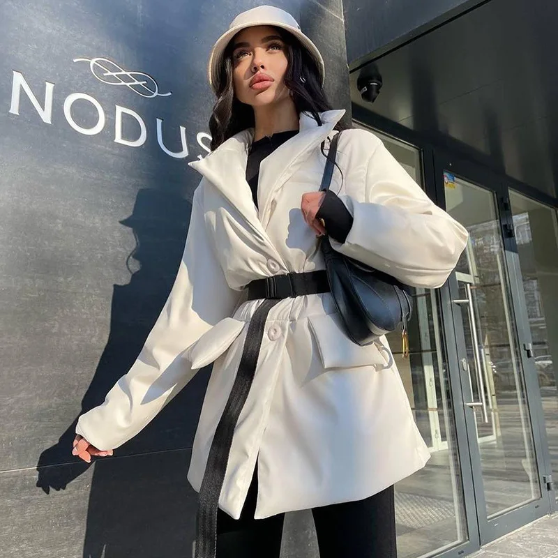 2023 Fashion Autumn and Winter Waist Mid-length Padded Jacket with Lapel Temperament Pure Color Bright Face Long-sleeved Jacket