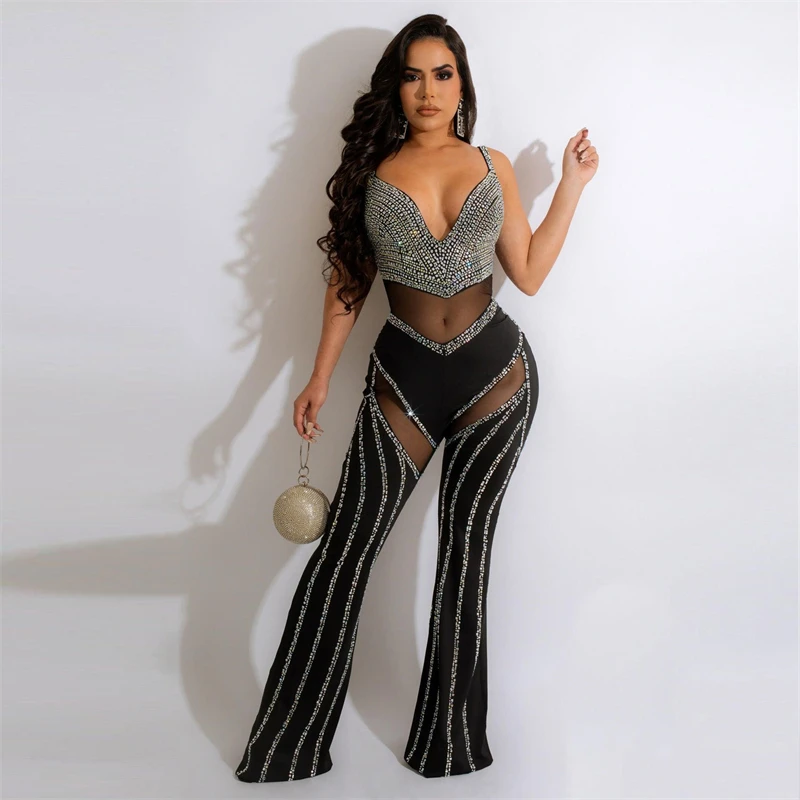 

Sunny Diamonds Sheer Mesh Patchwork Jumpsuit Women Sexy V Neck Spaghetti Straps Backless Flare Pants Clubwear Party Overalls