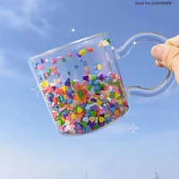 transparent multicolor heart shaped quicksand cup creative double layer glass cup coffee mug hot water bottle cocktail glasses