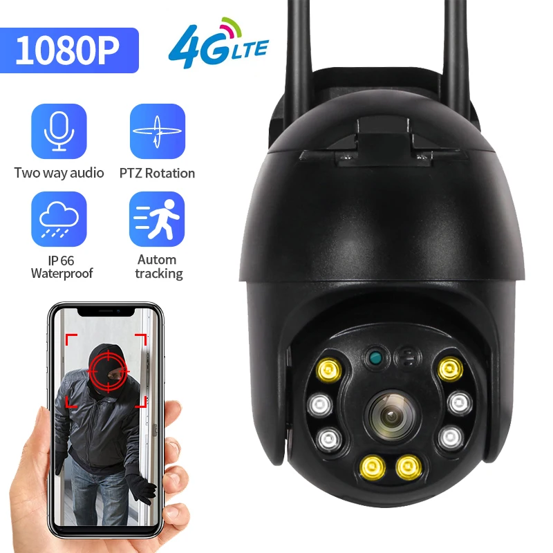 

PZVDSOG IP 4G SIM Card Camera Wifi 4X Digital Zoom PTZ Video Surveillance Black Dome Wireless GSM Security Outdoor P2P EU