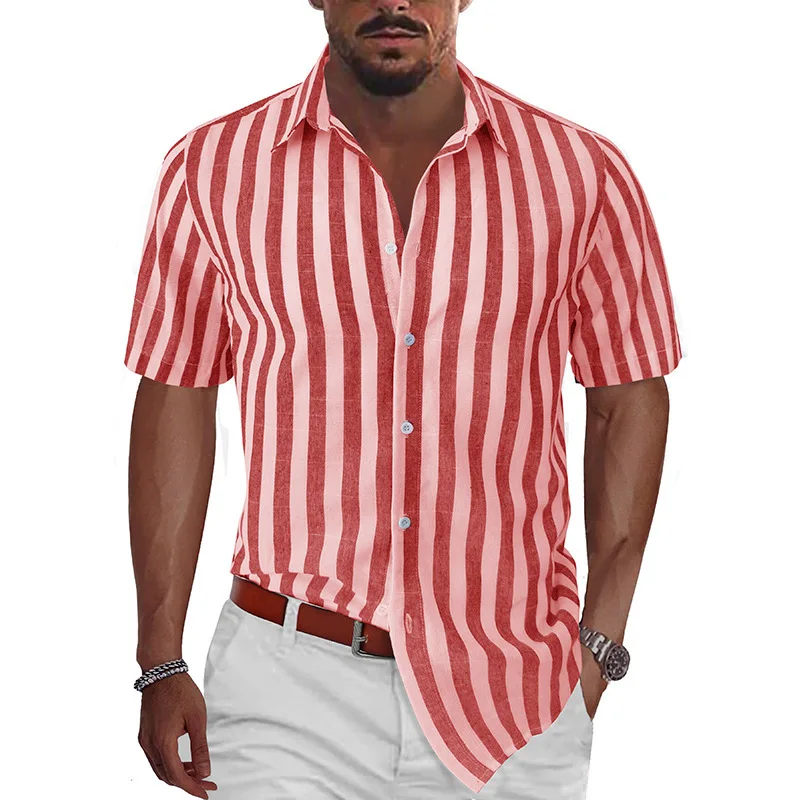 

2023 Hawaiian Men's Shirt Fashion Striped Camisa Short Sleeve Shirts For Men Casual Tops Turn-down Collar Tee Shirt Men Clothing