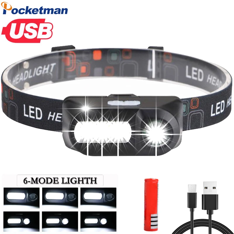 

Фонарь налобный XPE + COB с USB-зарядкой, водонепроницаемый