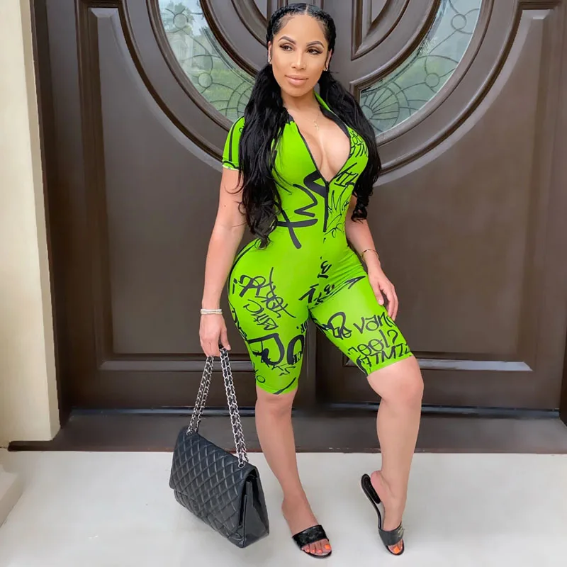 Неоновые женские Комбинезоны и шорты с буквенным принтом летние короткие