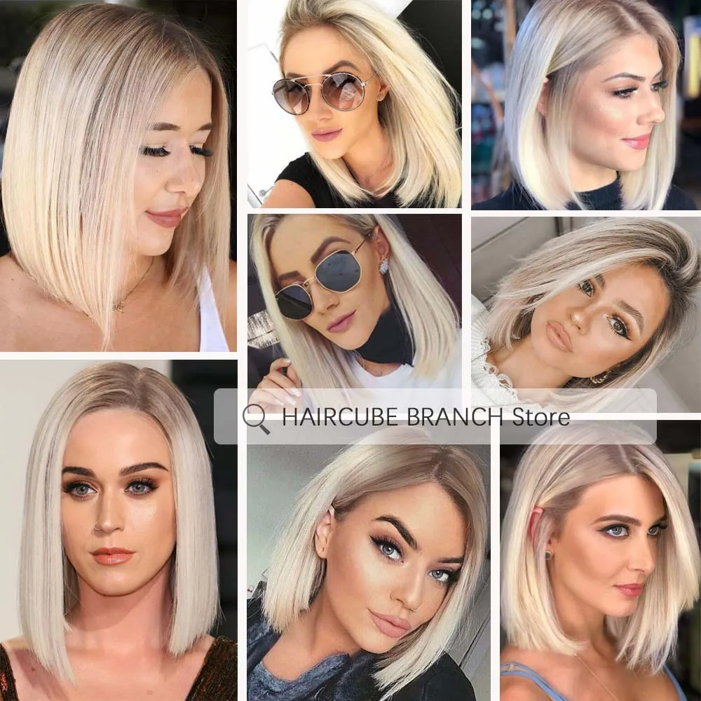 HAIRCUBE 13×5×1Lace Front Human Hair Wig Ombre Platinum Blonde Shoulder Length Bob Wigs for Women Side Parted Straight Remy Hair