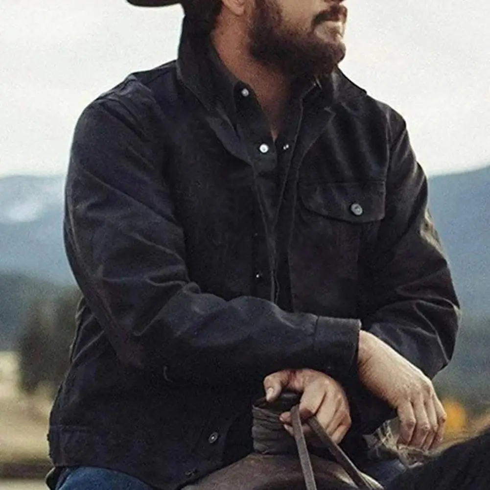 

Single-breasted Coat Vintage Men's Solid Color Long Sleeve Jacket with Turn-down Collar Single-breasted Buttons Soft Streetwear