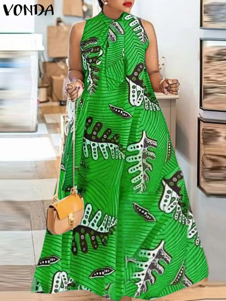 

Oversized Women Sundress 2023 VONDA Bohemian Maxi Dress Floral Printed Bow Summer Beach Sexy Sleeveless Casual Loose Long Robe