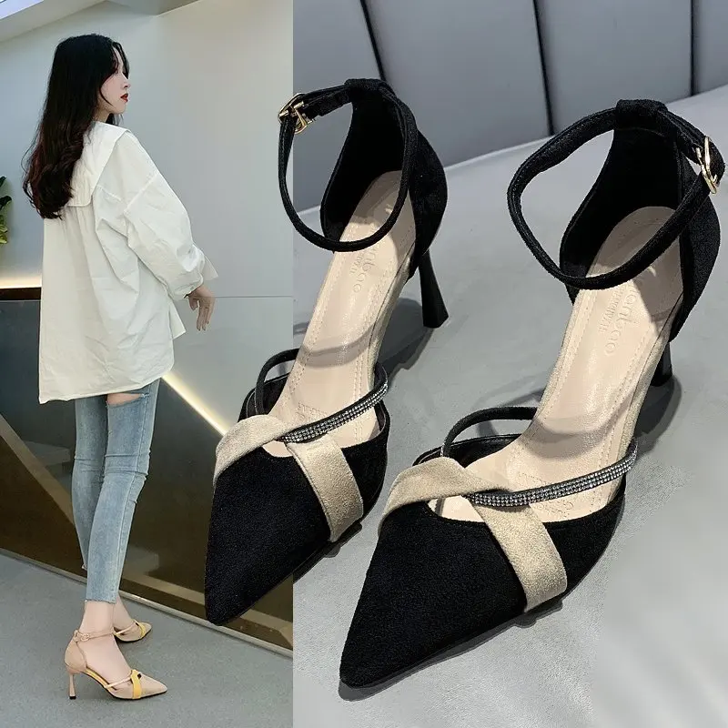 

Women's High Heels, Cross Strap Color Matching Pointed Stilettos