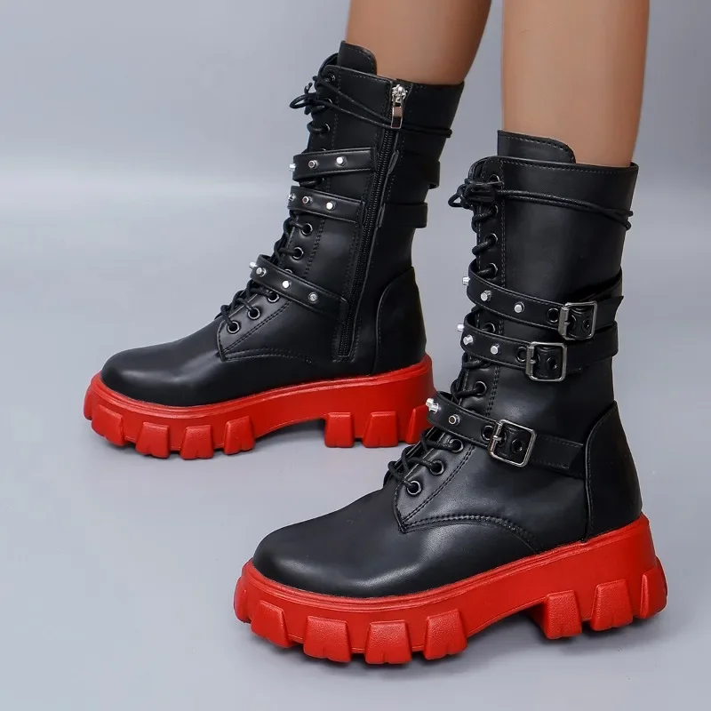 

Hot Motorcycle Boots 2024 Autumn Fashion Black Red Gothic Platform Buckle Chain Punk Rivet Combat Boots Large Size Women's Shoes