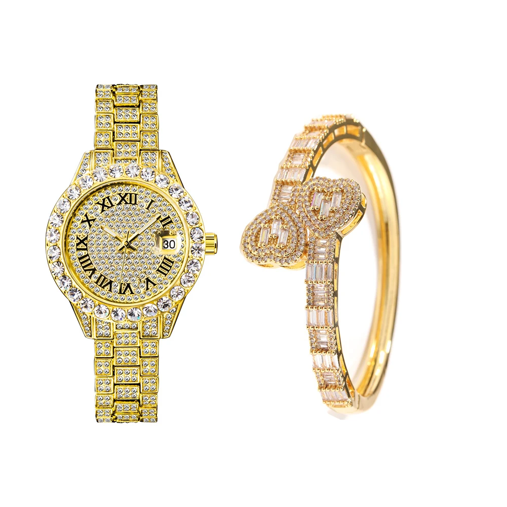 2Pcs Watch Bracelets Luxury Cubic Zirconia Stainless Steel Watches Hip Hop Fashion High Quality Stone Bracelet Set With Box