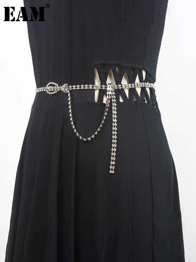 

[EAM] Silver Color Rhinestones Shining Long Belt Personality Women New Fashion Tide All-match Spring Autumn 2022 1DE9509