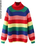 pailete women 2022 fashion loose rainbow striped knit sweater vintage high neck long sleeve female pullovers chic tops