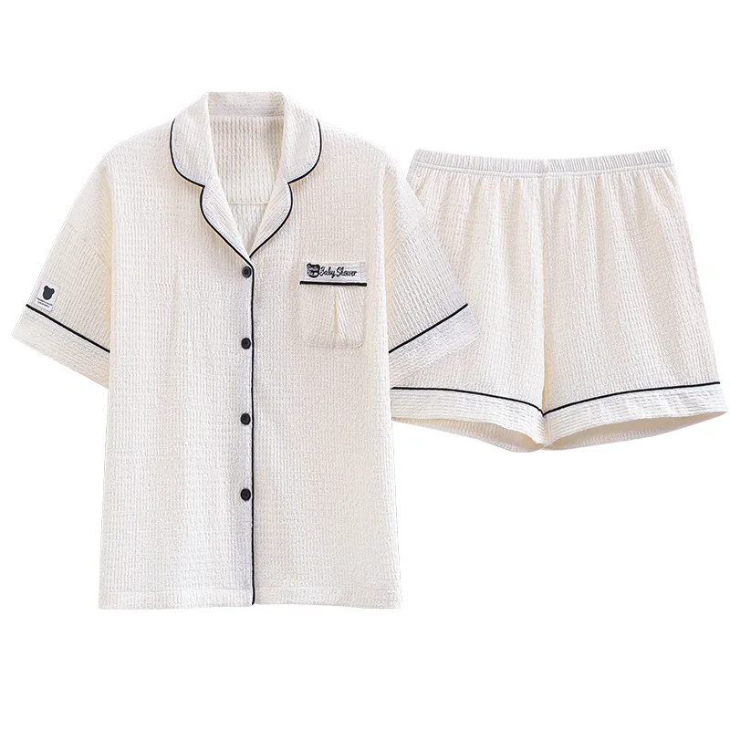 Cotton Women Pajamas Sets Pocket Pyjamas Female Loungewear Button Down Pijamas Short Sleeve Top Shorts Suit Sleepwear Nightwear