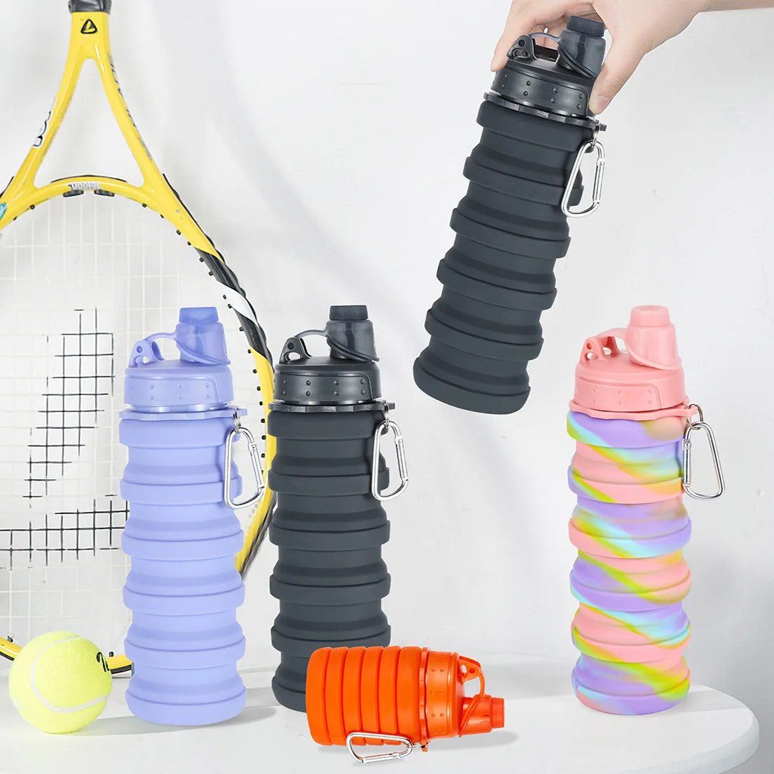 

500ML Portable Retractable Silicone Bottle Folding Water Bottle Outdoor Travel Drinking Cup With Carabiner Collapsible cup