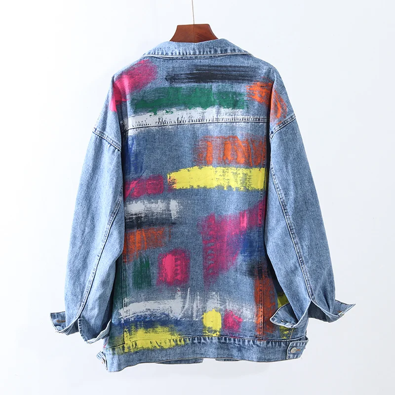 

Fashion Streetwear Multicolor Graffiti Denim Women Outwear Autumn Loose Mid Long Jeans Jacket Coat Female Chaquetas Mujer