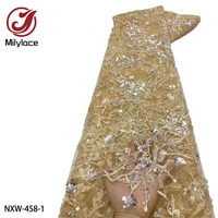 new design african lace fabric sequins french tulle lace fabric with beads for wedding dress nxw 458