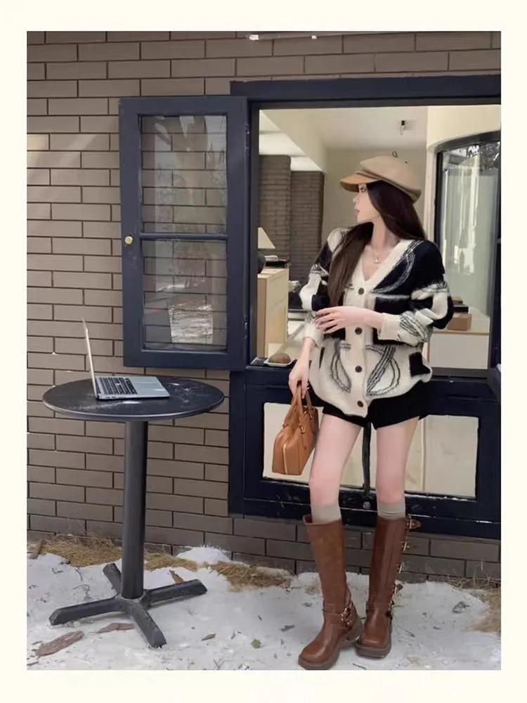 Свободный кардиган для женщин полосатый свитер с V-образным вырезом винтажный