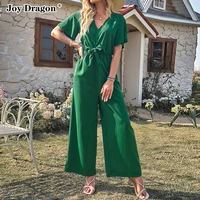 women loose long jumpsuits short sleeve solid color v collar slim fit casual daily lace up ladies new 2022 clothes pants rompers