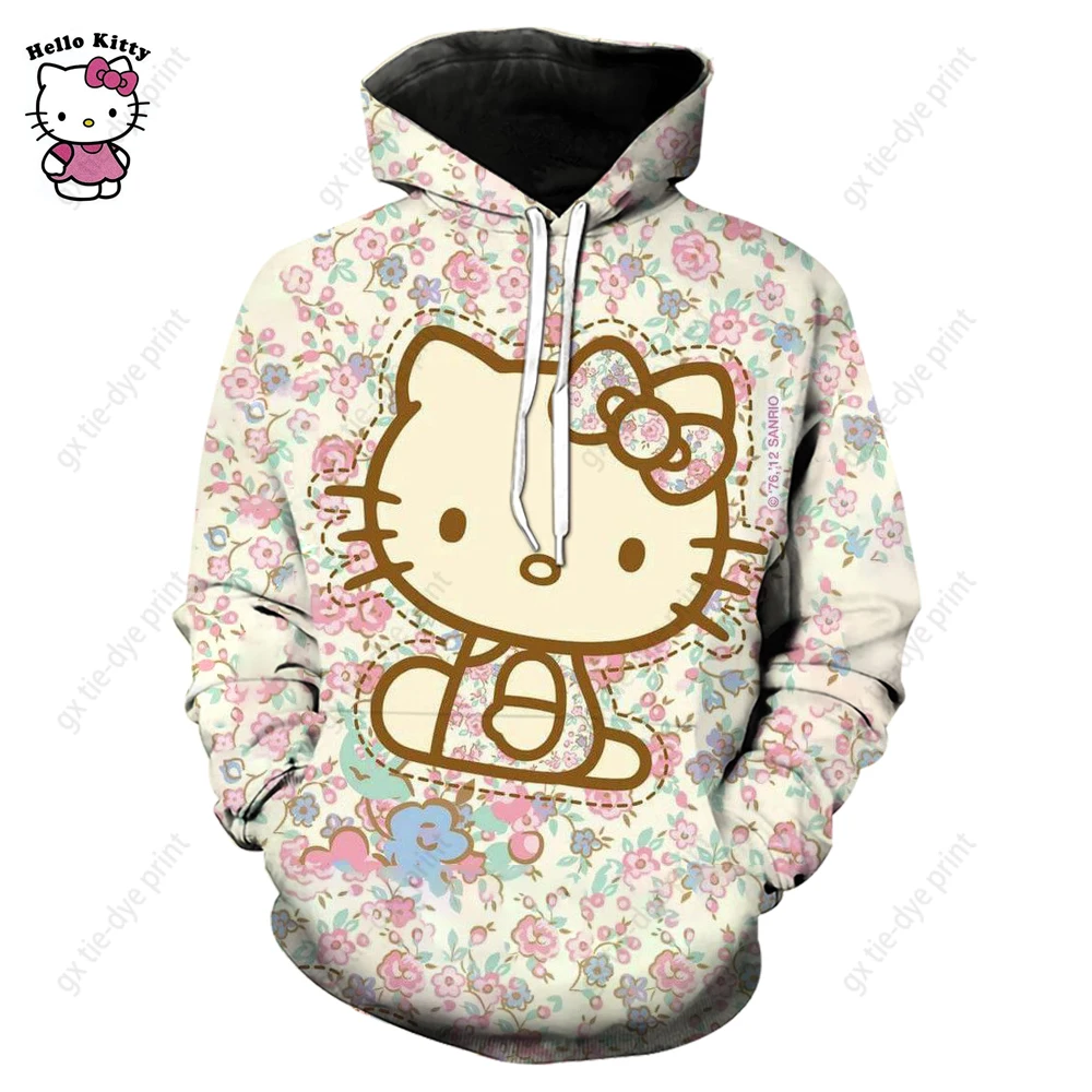 

Hello Kitty Hoodie Women Casual Print Sweatshirt Fashion Cartoon Long Sleeve Waffle Y2k Streetwear Autumn Lady Pullovers