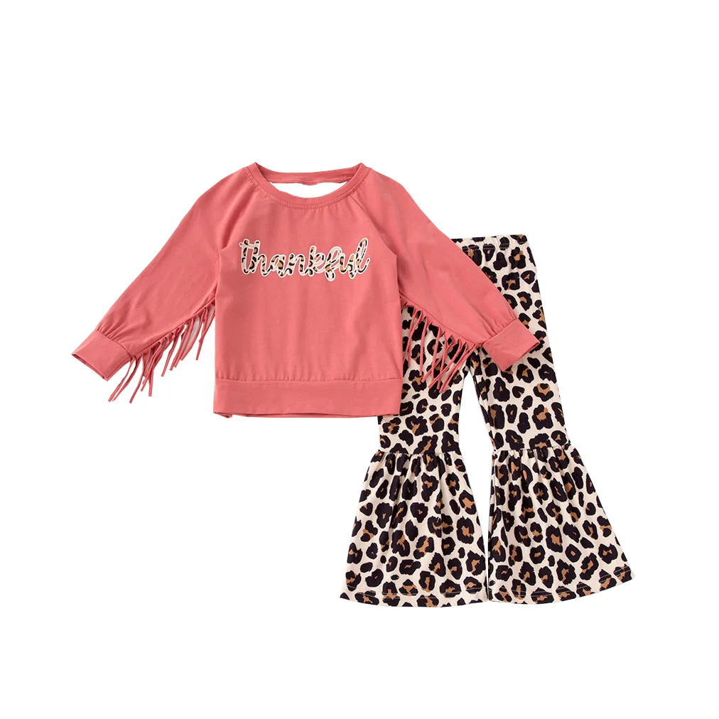 

New Children's Clothing Long Sleeves Girls Outfits Pink Thankful Pattern Tassel Top Leopard Bell Pants Set